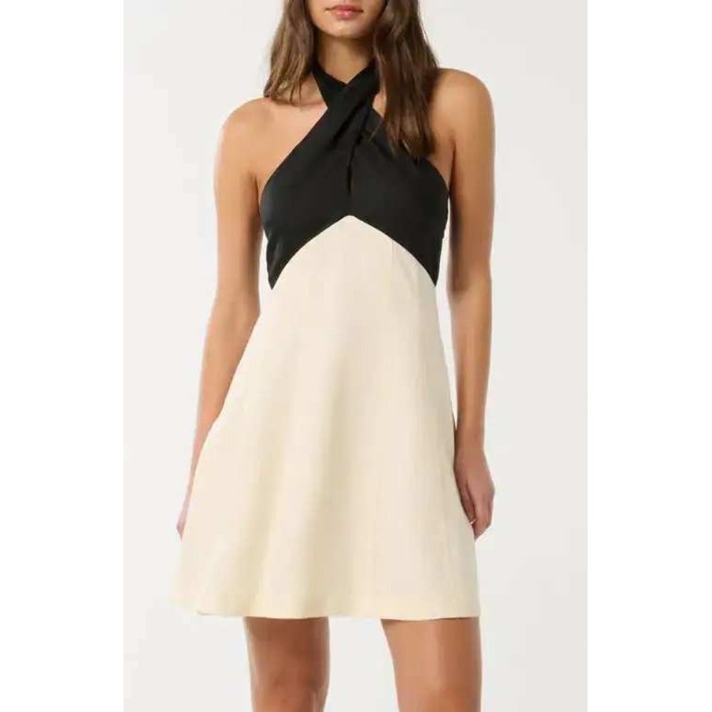 Ever New Lea Linen Halter Mini Dress 10 Black Cream Coastal Quiet Luxury Minimal